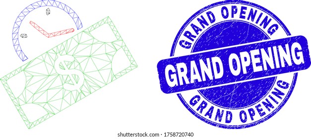 Icono de la hora de crédito de la malla web y sello de sello de la Gran Apertura. Sello de retén de socorro redondo vectorial azul con la frase Grand Opening.