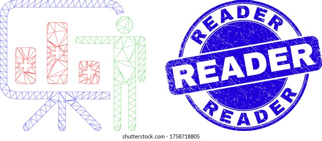 Web mesh bar chart presentation pictogram and Reader watermark. Blue vector rounded textured stamp with Reader phrase.