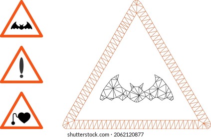 Web mesh bat warning vector icon, and source icons. Flat 2d model created from bat warning pictogram. Abstract frame mesh polygonal bat warning. Linear frame 2D mesh in vector format,