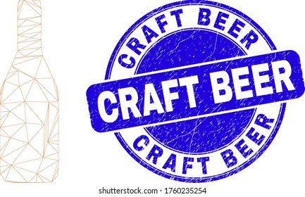 Icono de botella de cerveza de malla web y sello de cerveza de artesanía. Sello de distrés redondo de vector azul con mensaje de Cerveza nasal. Resumen modelo poligonal de malla de marco creado a partir del icono del frasco de cerveza.