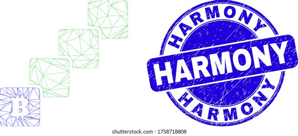 Web mesh bitcoin blockchain pictogram and Harmony watermark. Blue vector round distress seal stamp with Harmony caption. Abstract frame mesh polygonal model created from bitcoin blockchain pictogram.