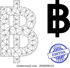 Web mesh bitcoin currency vector icon, and blue round EBITDA corroded stamp. EBITDA stamp seal uses round shape and blue color. Flat 2d carcass created from bitcoin currency icon.