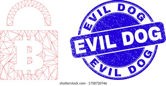Web mesh bitcoin lock icon and Evil Dog seal stamp. Blue vector rounded distress seal stamp with Evil Dog caption. Abstract carcass mesh polygonal model created from bitcoin lock pictogram.