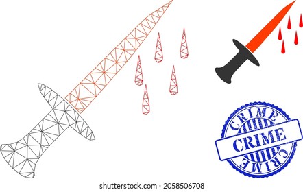 Web mesh blood sword vector icon, and blue round CRIME rubber stamp. CRIME stamp seal uses round form and blue color. Flat 2d carcass created from blood sword icon.