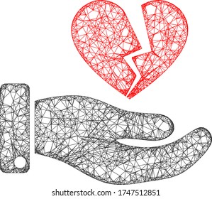 Web mesh break heart offer vector icon. Flat 2d carcass created from break heart offer pictogram. Abstract frame mesh polygonal break heart offer. Linear frame flat mesh in vector format,