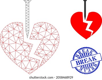 Web mesh break valentine heart vector icon, and blue round BREAK rough stamp seal. BREAK seal uses round shape and blue color. Flat 2d carcass created from break valentine heart icon.