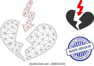 Web mesh breakup heart vector icon, and blue round HATE SPEECH rough stamp seal. HATE SPEECH stamp seal uses round shape and blue color. Flat 2d model created from breakup heart pictogram.