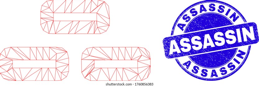 Web mesh bricks icon and Assassin stamp. Blue vector round distress watermark with Assassin phrase. Abstract frame mesh polygonal model created from bricks icon. Linear frame 2D mesh in vector format.