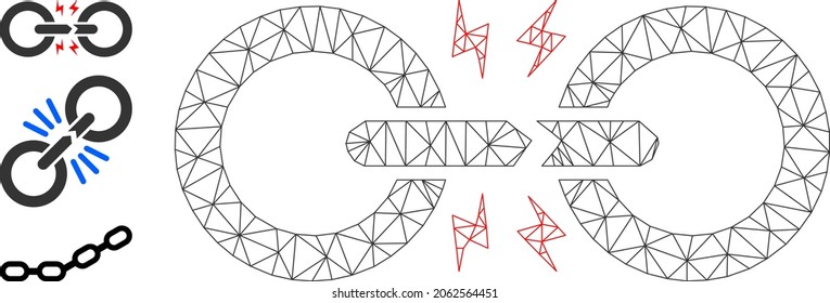 Web mesh broken chain link vector icon, and additional icons. Flat 2d carcass created from broken chain link pictogram. Abstract carcass mesh polygonal broken chain link.