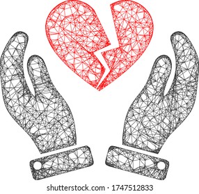 Web mesh broken heart care hands vector icon. Flat 2d carcass created from broken heart care hands pictogram. Abstract carcass mesh polygonal broken heart care hands.