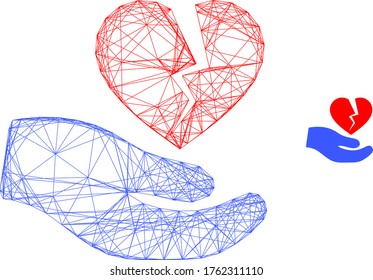 Web mesh broken heart offer hand vector icon. Flat 2d carcass created from broken heart offer hand pictogram. Abstract carcass mesh polygonal broken heart offer hand.