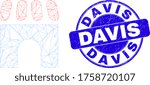 Web mesh building icon and Davis watermark. Blue vector rounded textured stamp with Davis text. Abstract frame mesh polygonal model created from building icon.