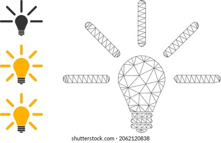 Web mesh bulb light vector icon, and source icons. Flat 2d carcass created from bulb light pictogram. Abstract frame mesh polygonal bulb light. Linear carcass 2D mesh in eps vector format,