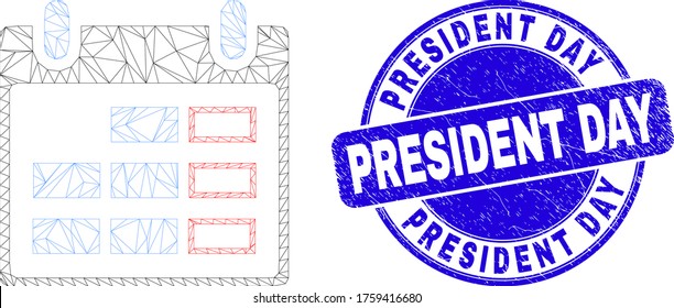 Web mesh calendar page icon and President Day watermark. Blue vector rounded grunge watermark with President Day message. Abstract carcass mesh polygonal model created from calendar page icon.