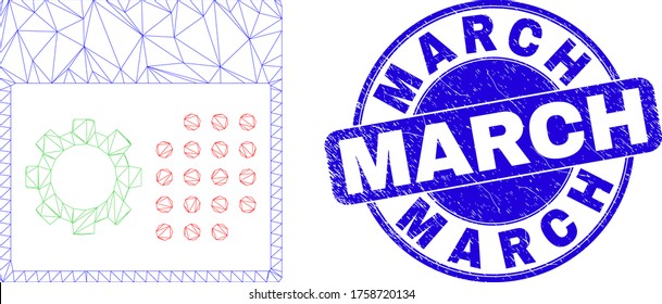 Pictograma de configuración del calendario de malla web y sello de sello de marzo. Sello de sello de sello texturizado de vector azul con título de marzo. Resumen modelo poligonal de malla de marco creado a partir del pictograma de configuración de calendario.
