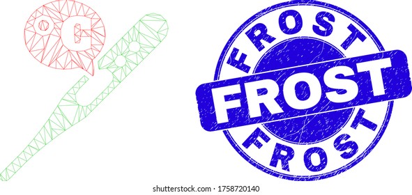 Web mesh celsius thermometer icon and Frost watermark. Blue vector round scratched watermark with Frost caption. Abstract frame mesh polygonal model created from celsius thermometer icon.