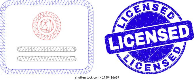 Web mesh certificate icon and Licensed stamp. Blue vector round distress seal with Licensed text. Abstract frame mesh polygonal model created from certificate icon.