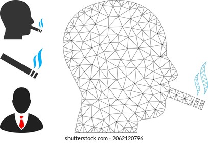 Web mesh cigarette smoker vector icon, and additional icons. Flat 2d model created from cigarette smoker pictogram. Abstract carcass mesh polygonal cigarette smoker.
