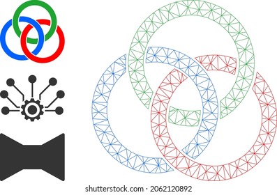 Web mesh circle links knot vector icon, and additional icons. Flat 2d carcass created from circle links knot pictogram. Abstract carcass mesh polygonal circle links knot.