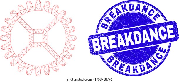 Web mesh clock gear pictogram and Breakdance seal stamp. Blue vector rounded textured stamp with Breakdance title. Abstract frame mesh polygonal model created from clock gear pictogram.