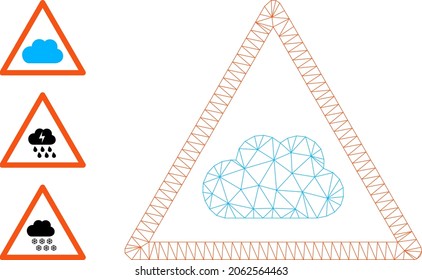 Web mesh cloud warning vector icon, and original icons. Flat 2d model created from cloud warning pictogram. Abstract carcass mesh polygonal cloud warning. Net carcass 2D mesh in vector format,