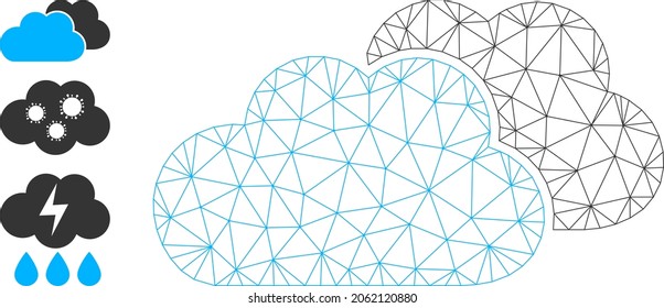 Web mesh clouds vector icon, and source icons. Flat 2d model created from clouds pictogram. Abstract frame mesh polygonal clouds. Linear frame flat mesh in vector format, on a white background.