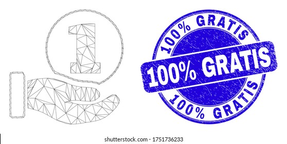 Web mesh coin donation hand icon and 100% Gratis stamp. Blue vector round distress stamp with 100% Gratis title. Abstract frame mesh polygonal model created from coin donation hand icon.