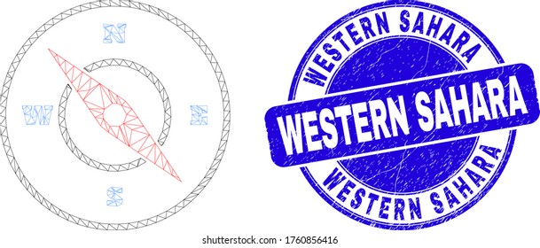 Web mesh compass icon and Western Sahara seal stamp. Blue vector rounded scratched seal stamp with Western Sahara phrase. Abstract carcass mesh polygonal model created from compass icon.