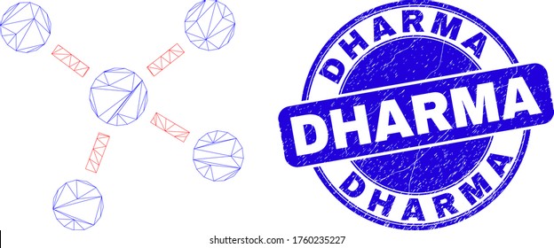 Web-Mesh-Verbindungen Symbol und Dharma Wasserzeichen. Blaue Vektorgrafik mit abgerundeten Wasserzeichen mit Dharma-Phrase. Abstraktes Polygonalmodell aus Maschen aus Karkasse, das aus dem Verbindungssymbol erstellt wurde.