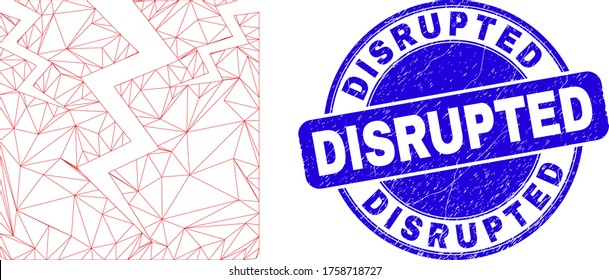 Web mesh crack icon and Disrupted seal. Blue vector rounded grunge watermark with Disrupted message. Abstract frame mesh polygonal model created from crack icon.