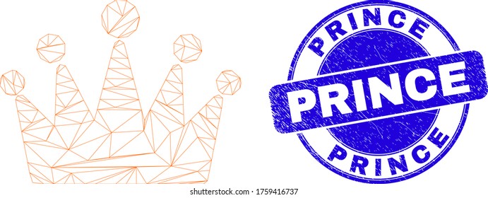 Web mesh crown pictogram and Prince seal stamp. Blue vector rounded scratched seal stamp with Prince phrase. Abstract carcass mesh polygonal model created from crown pictogram.