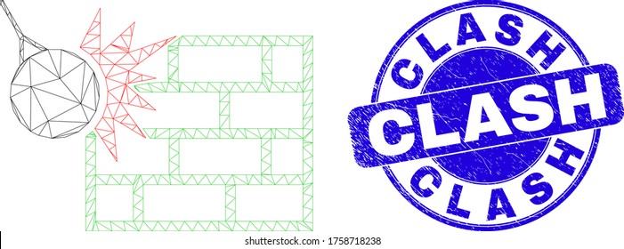 Web mesh crush the wall icon and Clash stamp. Blue vector rounded scratched seal with Clash title. Abstract carcass mesh polygonal model created from crush the wall pictogram.