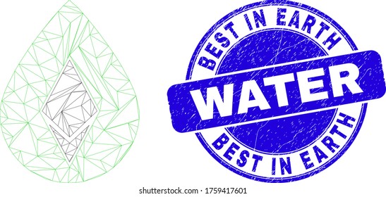 Pictograma de gota de malla web y sello Best in Earth Water. Sello de sellado de socorro redondeado vector azul con el mensaje Best in Earth Water.