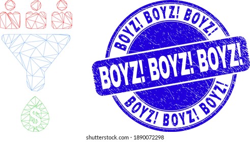 Web mesh customers sales funnel pictogram and Boyz exclamation Boyz exclamation Boyz exclamation seal. Blue vector rounded distress watermark.