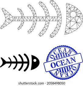 Web mesh dead fish vector icon, and blue round OCEAN unclean stamp print. OCEAN stamp uses round shape and blue color. Flat 2d carcass created from dead fish icon.