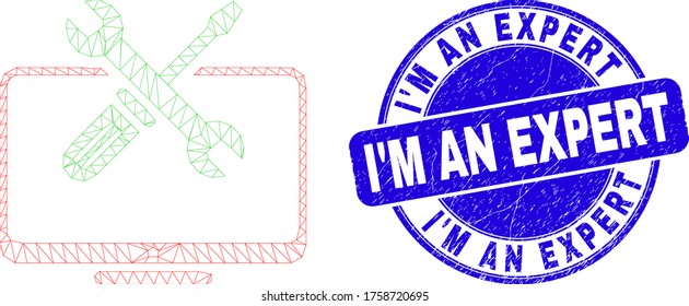 Web mesh desktop tools icon and I'M an Expert seal. Blue vector rounded distress seal with I'M an Expert phrase. Abstract frame mesh polygonal model created from desktop tools icon.