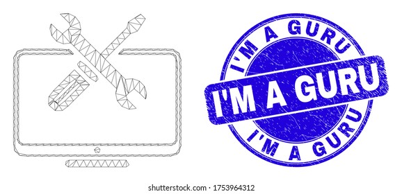 Pictograma de herramientas de escritorio de malla web y yo soy un sello de sello Guru. Estampilla de sello de foca rayada redondeada de vector azul con el mensaje I'M a Guru. Resumen del modelo poligonal de malla de canal creado a partir del icono de las herramientas de escritorio.