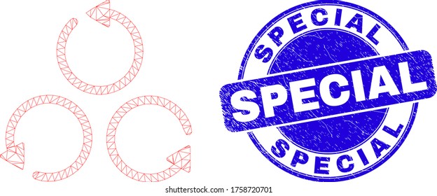 Web mesh different rotation icon and Special seal stamp. Blue vector rounded textured seal with Special text. Abstract frame mesh polygonal model created from different rotation icon.