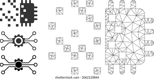 Web mesh digital chip generation vector icon, and source icons. Flat 2d carcass created from digital chip generation pictogram. Abstract carcass mesh polygonal digital chip generation.