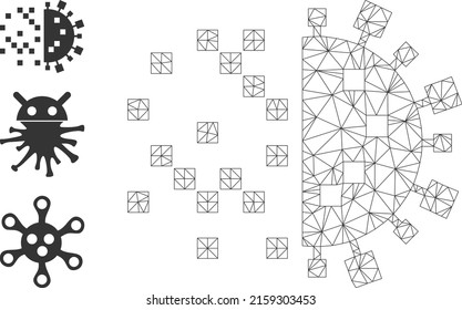 Web mesh digital virus construction vector icon, and other icons. Flat 2d carcass created from digital virus construction pictogram. Abstract carcass mesh polygonal digital virus construction.