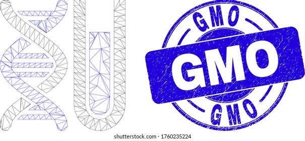 Web mesh DNA testtube pictogram and GMO seal stamp. Blue vector rounded grunge stamp with GMO text. Abstract carcass mesh polygonal model created from DNA testtube pictogram.