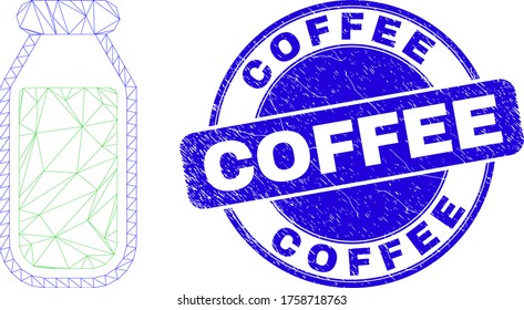 Web mesh drinking bottle pictogram and Coffee seal stamp. Blue vector rounded grunge seal with Coffee phrase. Abstract carcass mesh polygonal model created from drinking bottle pictogram.