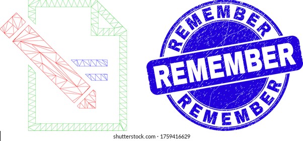 Web mesh edit text page pictogram and Remember stamp. Blue vector rounded scratched seal stamp with Remember phrase. Abstract frame mesh polygonal model created from edit text page icon.