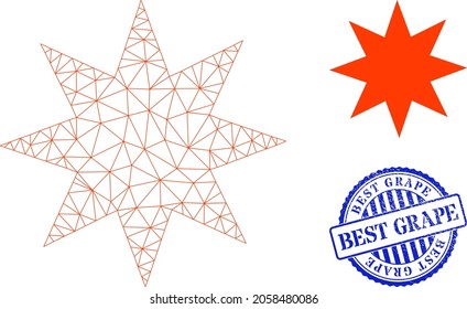 Web mesh eight pointed star vector icon, and blue round BEST GRAPE rubber print. BEST GRAPE stamp uses round template and blue color. Flat 2d carcass created from eight pointed star icon.
