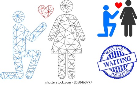 Web mesh engagement persons vector icon, and blue round WAITING unclean watermark. WAITING watermark uses round shape and blue color. Flat 2d carcass created from engagement persons icon.