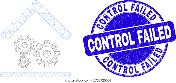 Web mesh engine service garage pictogram and Control Failed seal. Blue vector round distress seal stamp with Control Failed title.
