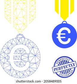 Web mesh euro medal vector icon, and blue round PERFECTLY rubber stamp imitation. PERFECTLY stamp seal uses round shape and blue color. Flat 2d carcass created from euro medal icon.