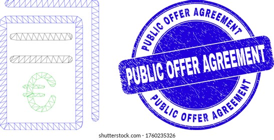 Web mesh euro price pages icon and Public Offer Agreement stamp. Blue vector round grunge watermark with Public Offer Agreement message.