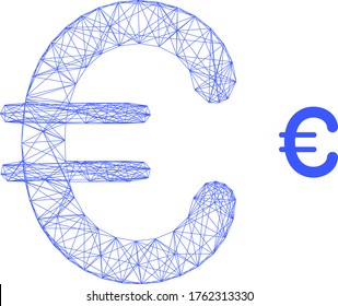 Icono vectorial de símbolo euro de malla web. Carcasa plana de 2d creada a partir del pictograma del símbolo del euro. Resumen de la malla de la canal símbolo del euro poligonal. Malla plana de canal neta en formato vector, sobre fondo blanco.