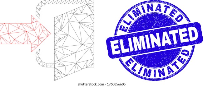 Web mesh exit door icon and Eliminated seal stamp. Blue vector rounded textured watermark with Eliminated title. Abstract frame mesh polygonal model created from exit door icon.